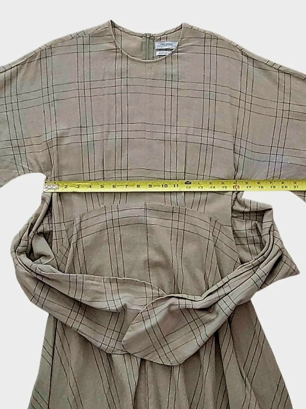 Zara Sage Green Linen Cotton Hi Low Hem Tie Dress Boho Lagenlook Plaid Stripe - Picture 9 of 11